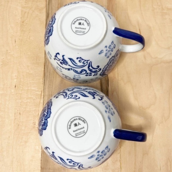 Yokohama Stufio Hand Painted Large Mugs Blue Floral Print Set of 2 - Picture 7 of 11